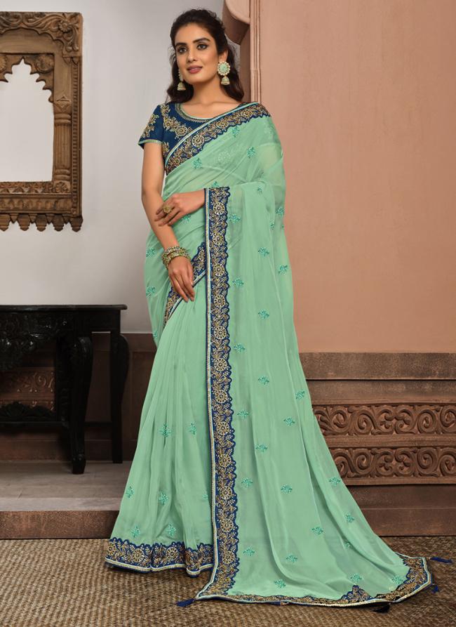 Tissue Sea Blue Party Wear Embroidery Work Saree